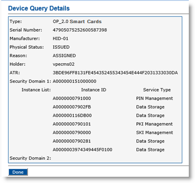 Device Query Details page with information about the query and a Done button